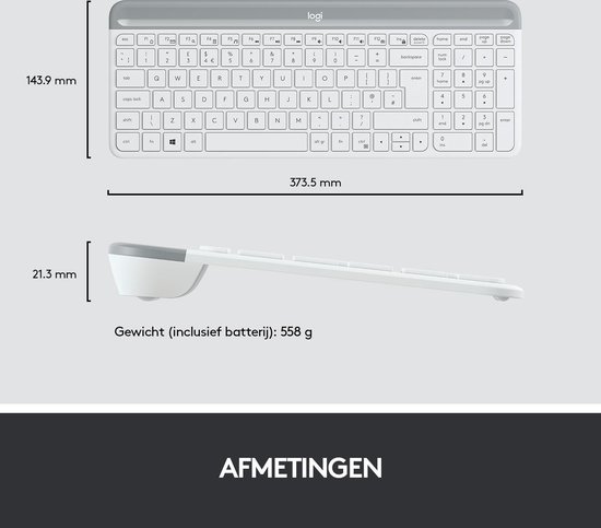Afmetingen van het witte Logitech toetsenbord en muis combo.