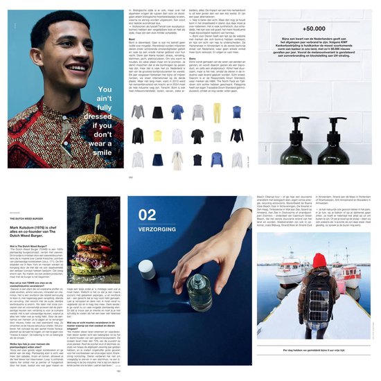 Pagina uit boek met een man, kleding, verzorgingsproducten, recept, en een foto van een vrouw met rugzak bij boten.