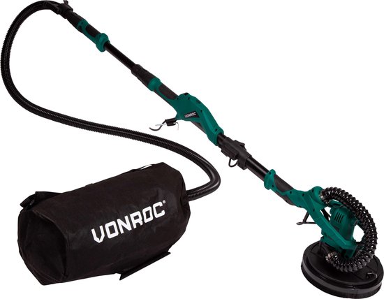 VONROC schuurmachine met lange steel, stofzak en schuurschijven op witte achtergrond.