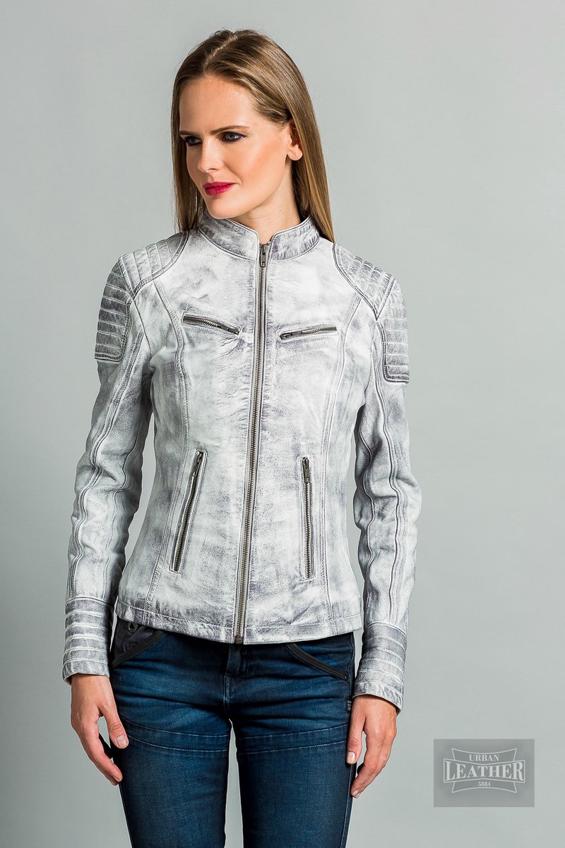 Urban 5884® - Angelina - Damesjas - Biker - Lams Leer - Soepel - Vintage Grijs- Getailleerd - Maat M