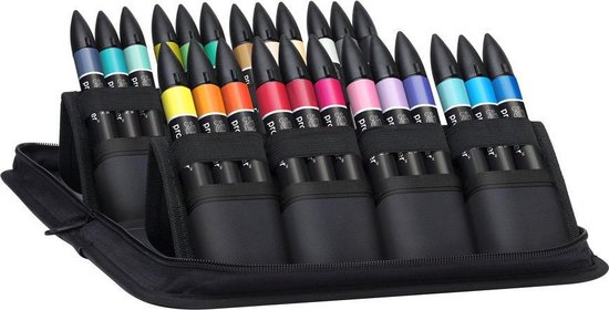Zwarte etui met de zijkant open, waarin 24 Promarkers met gekleurde doppen rechtop staan.