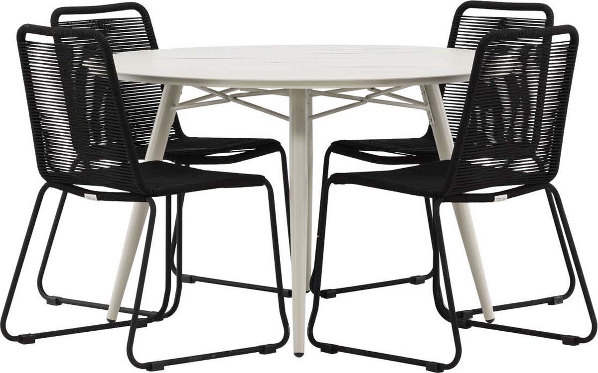 Tuinmeubelset beige tafel Ø120cm, 4 zwarte Lindos stoelen.