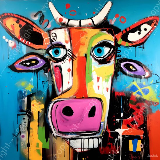 JJ-Art (Canvas) 60x60 | Gekke grappige koe in Herman Brood stijl, kleurrijk, abstract, kunst | dier, stier, humor, bruin, blauw, rood, geel, roze, modern, vierkant | Foto-Schilderij canvas print (wanddecoratie)