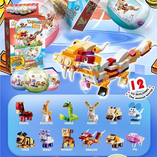 JMShops - Capsule Toys Building Blocks Dieren (Set van 12) - Speelgoed voor kinderen - Verassing ei - Bouwstenen - Verjaardagscadeaus - Jungle Dierentuin Speelgoed Animal Kingdom