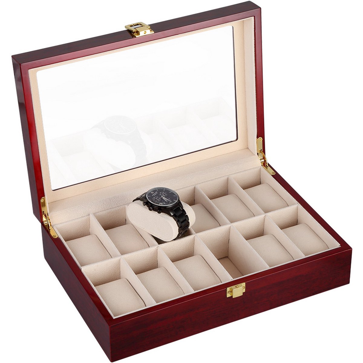 Uten Luxe HorlogeBox - Horlogedoos Heren Dames- Juwelendoos - Sieradendoos - 12 vakken - Hout Rood