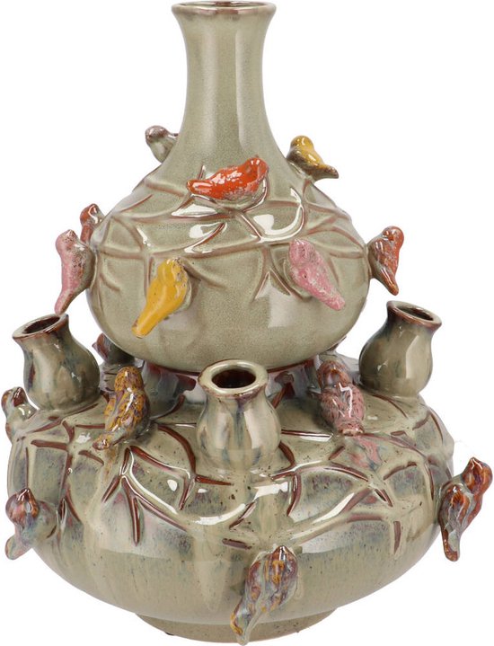 DK Design Vase à fleurs Spring Birds - 2 pièces - vase pour tulipes - vert mousse - D23 x H25 cm - vase en corne