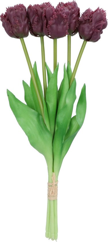 DK Design Bouquet de tulipes artificielles - 5x pièces - violet foncé - real touch - 39 cm - fleurs artificielles réalistes