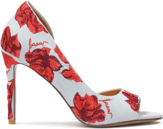 Denim fabric peep toe pumps with embroidered flowers