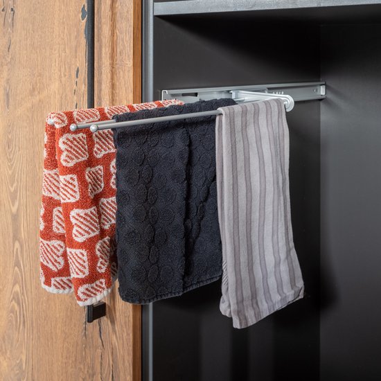 Eleganca Uittrekbaar Handdoekrek – Handoekstang – Inbouwdiepte 50cm – 3 armen – Handdoekhouder uitschuifbaar Badkamer of keuken – Zilver