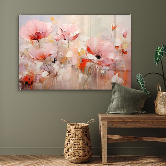 MuchoWow® Glasschilderij 120x80 cm - Schilderij acrylglas - Bloemen - Watercolor - Roze - Abstract - Kunst - Foto op glas - Muurdecoratie woonkamer - Wanddecoratie slaapkamer - Schilderijen