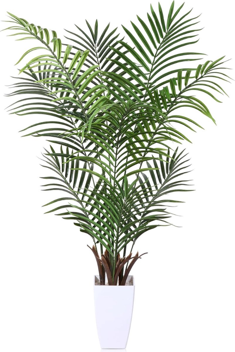Kunstplant voor Binnen - "Witte Tropische Verfijning: Kunstpalm 120 cm in Elegante Pot. Breng de weelderige tropen binnen met deze levensechte, onderhoudsvrije kunstpalm voor verbluffende huisdecoratie."