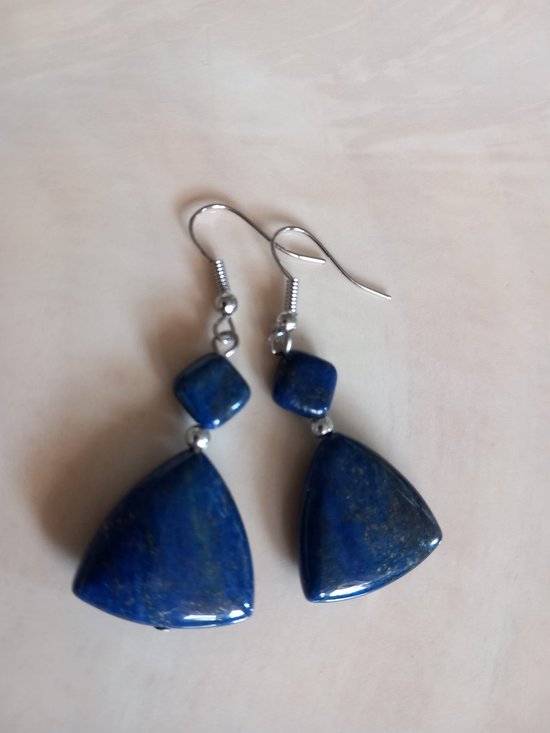 Gemstones-silver natuurstenen oorhangers lapis lazuli driehoek oorbellen 3 cm lang 925-sterling zilver haken