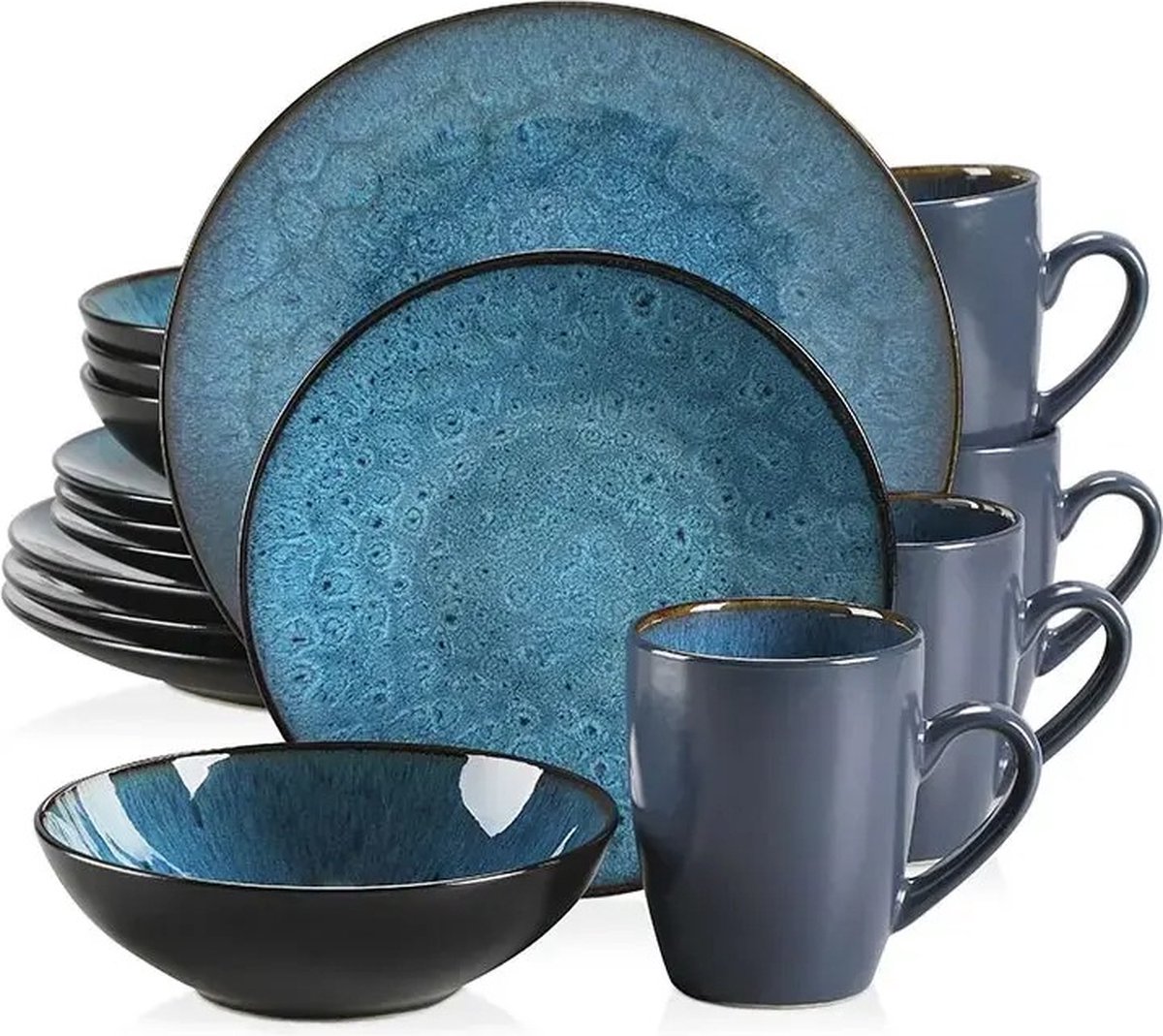 Brondeals® - bordenset - keramische steen blauw - dinner/desert bord - mokken - kommen - combiset - vintage set - 48 stuks