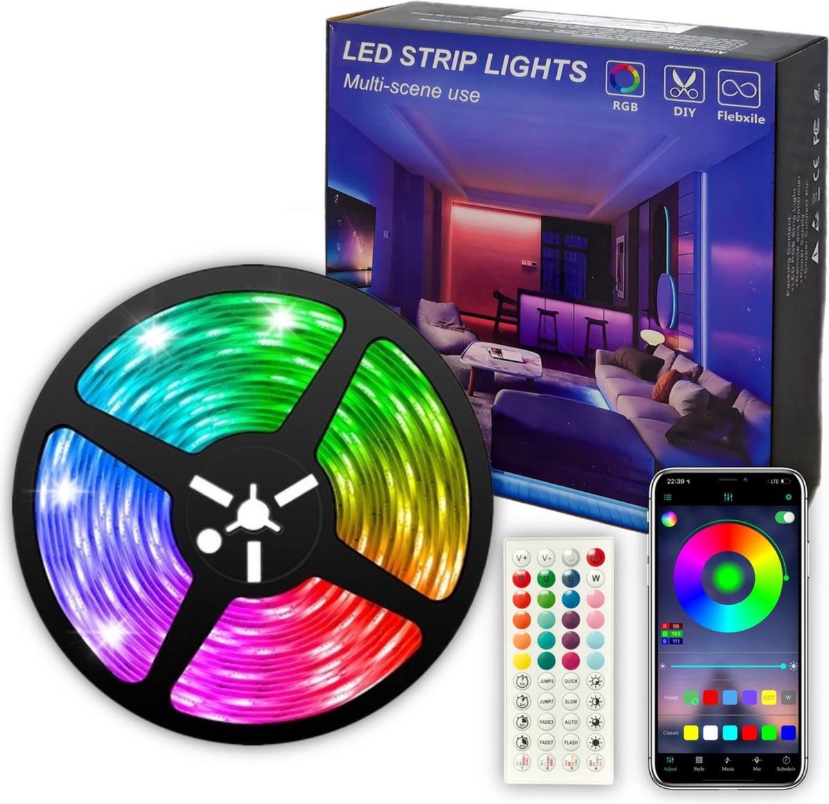 LED strip - 5 Meter - 16 Miljoen Kleuren - Afstandsbediening en App-besturing - Bluetooth - Muziekgestuurd - Zelfklevend - TechHome