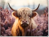 Tuinposter 120x90 cm - Tuindecoratie Schotse hooglander - Dieren portret - Bloemen - Dier - Poster voor in de tuin - Buiten decoratie - Schutting tuinschilderij - Tuindoek muurdecoratie - Wanddecoratie balkondoek