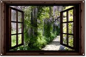 Tuinposter doorkijk - Donkerbruin raam - Tuindecoratie blauwe regen - 120x80 cm - Tuinschilderij voor buiten - Tuindoek - Wanddecoratie tuin - Schuttingdoek - Balkon decoratie groen - Muurdecoratie - Buitenschilderij