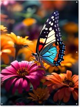 Tuinposter vlinder - Tuindecoratie - Vlinder op bloemen - 120x160 cm - Poster voor in de tuin - Buiten decoratie - Schutting tuinschilderij - Tuindoek muurdecoratie - Wanddecoratie balkondoek