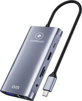 LUXWALLET MultiHub – 10 In 1 Hub – 3 USB3.0 Poorten – PD Charging – Gigabit Ethernet Poort – VGA Poort – SD Kaartlezer - Zilver