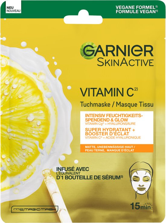 Garnier SkinActive Vitamine C Tuchmasker verpakking met citroen en melkachtige vloeistof.