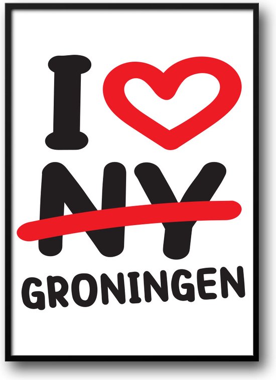 I Love Groningen fotolijst met glas 50 x 70 cm - Prachtige kwaliteit - woonkamer - Harde lijst - Glazen plaat - inclusief ophangsysteem - Grappige Poster - Foto op hoge kwaliteit uitgeprint