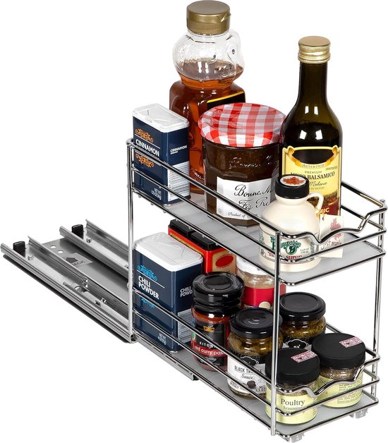 Trek kruidenrek 2-laags rekbare kruidenmand organizer voor keukenkast lade type binnen kast (grijs 350/450