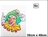6x Raamsticker Funny clown 32cm x 40cm - Carnaval thema feest festival party feest decoratie versiering