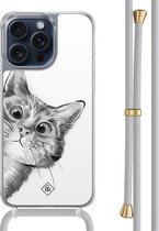 Casimoda® hoesje met grijs koord - Geschikt voor iPhone 15 Pro Max - Peekaboo Kat - Afneembaar koord - TPU/polycarbonaat - Grijs
