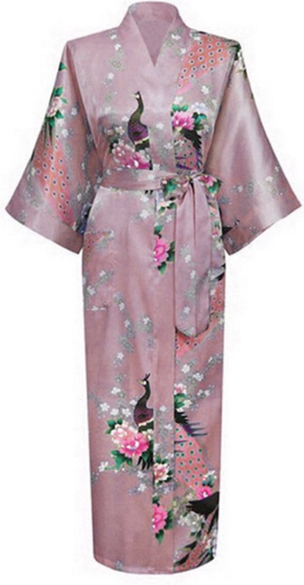 KIMU® Kimono Mauve 7/8 - Maat XS-S - Yukata Satijn Boven de Enkel - Lange Paars Taupe Ochtendjas Japanse Kamerjas Sexy Satijnen Badjas Geisha 164 Festival