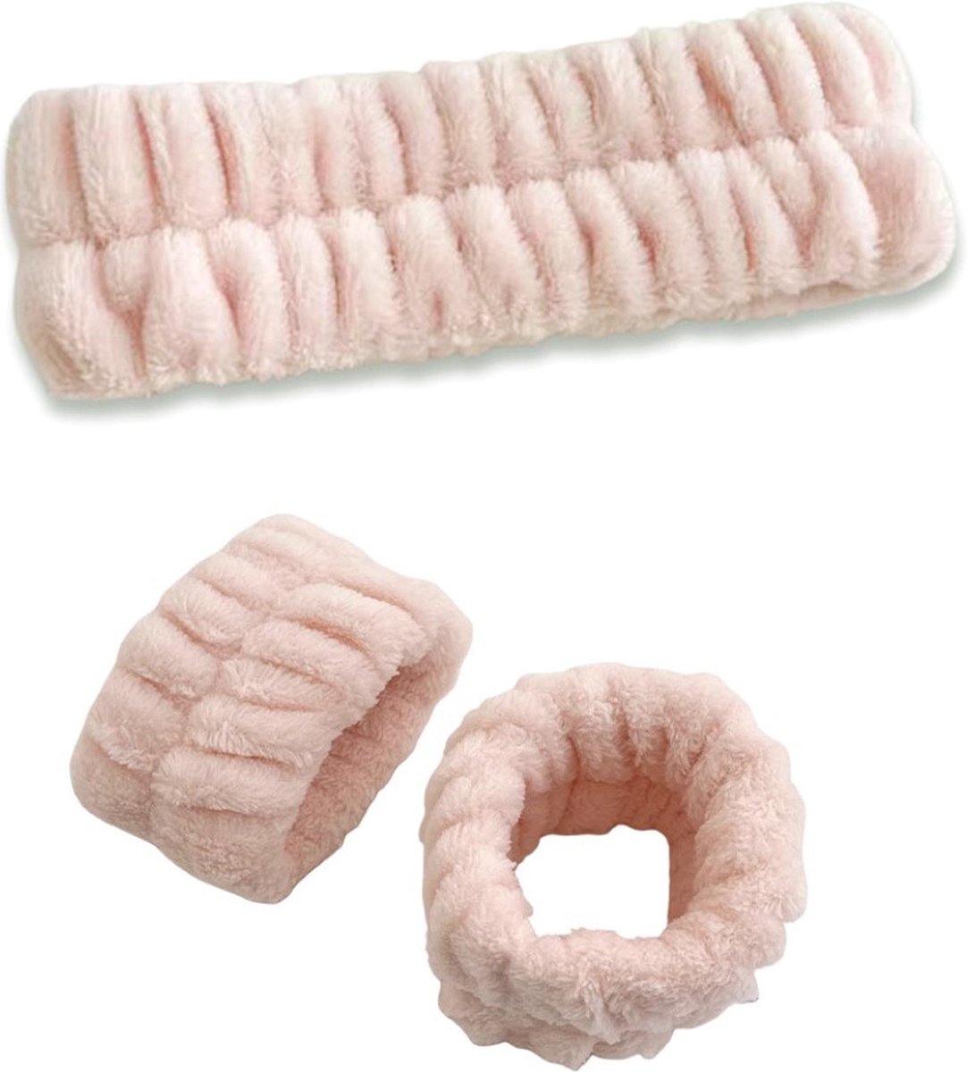 Ainy Haarband en Polsbandjes Set Roze - gemakkelijk tijdens gezichtsreiniging, gezichtsverzorging en make up sessie - Waterabsorberend en wasbaar