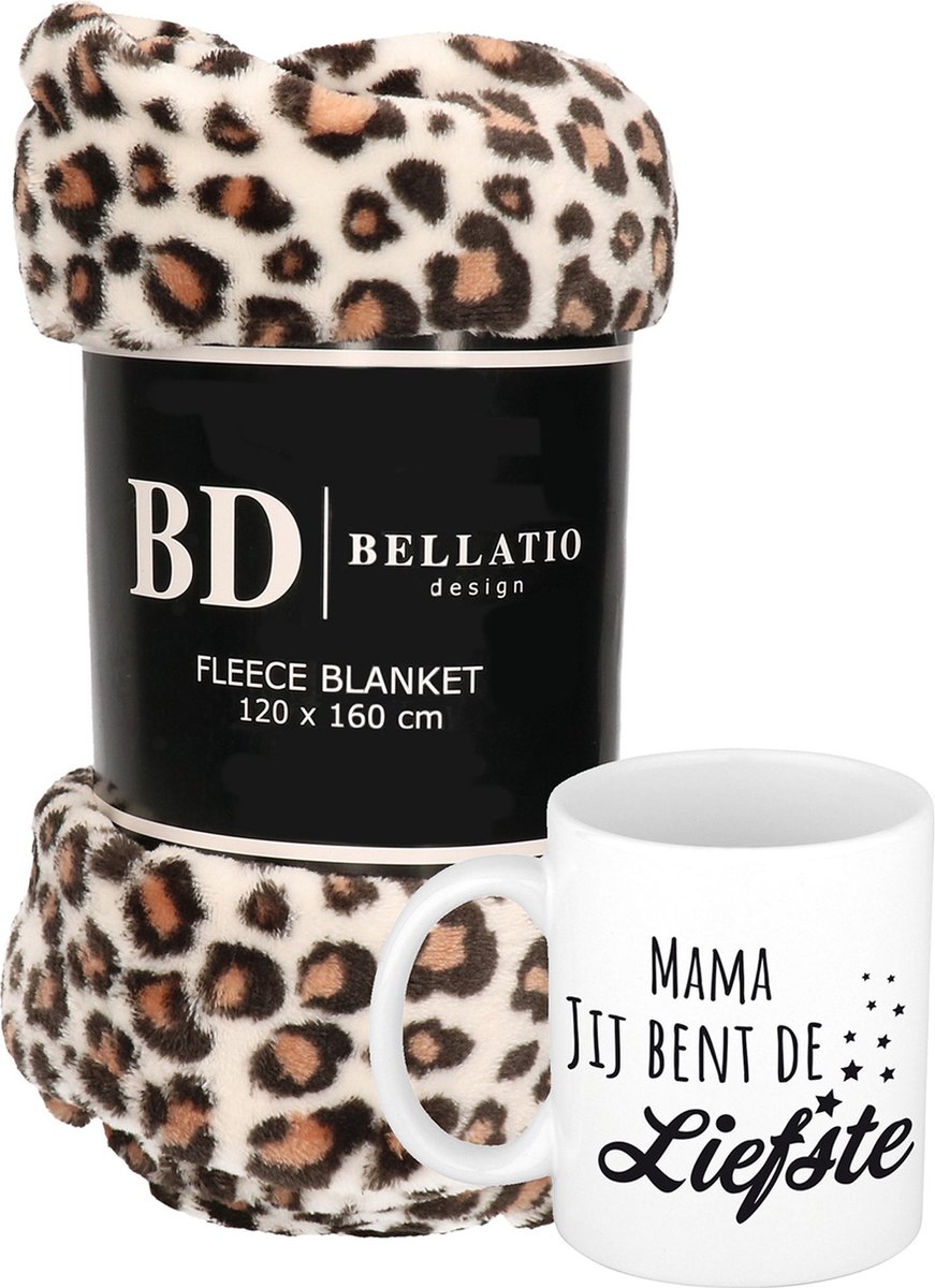 Cadeau moeder set - Fleece plaid/deken luipaard print met Mama jij bent de liefste mok - Mama ontspanning cadeau kerst, moederdag, verjaardag