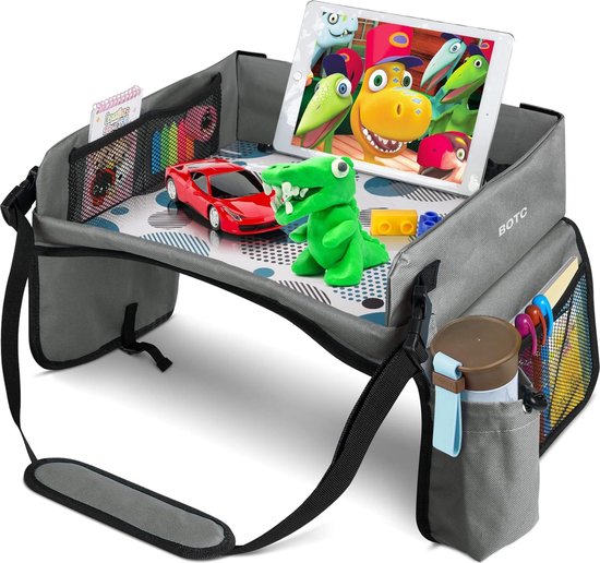 BOTC Reistafel voor Kinderen met Tekentafel & Tablethouder - Opvouwbaar - Auto Organizer - Grijs - BOTC