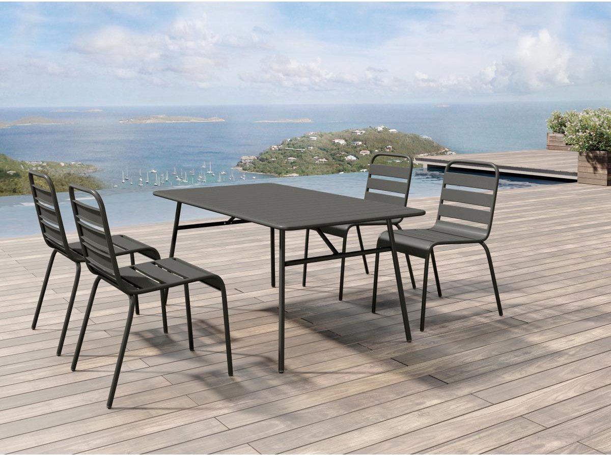 MYLIA Tuineethoek van metaal - Een tafel D160 cm en 4 opstapelbare stoelen - Donkergrijs - MIRMANDE L 160 cm x H 79 cm x D 80 cm