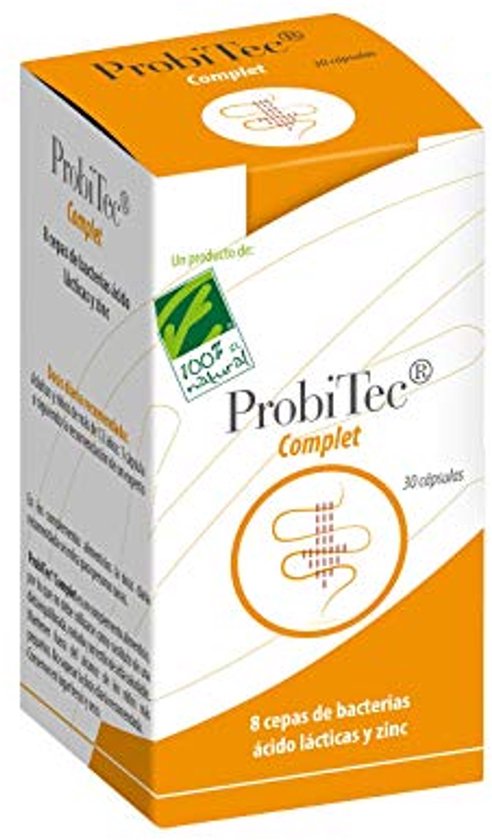 Oranje doosje met 'ProbiTec Complet' erop. Bevat 8 soorten bacteriën, melkzuur en zink. 30 capsules.