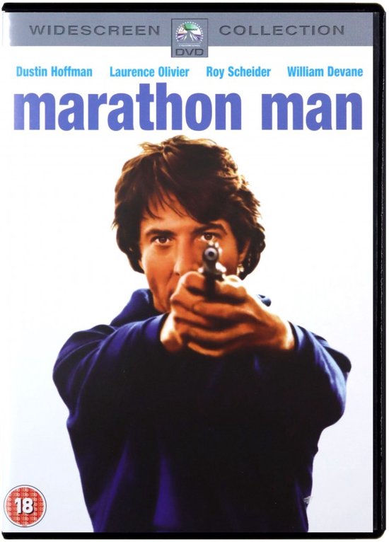 DVD-hoes van Marathon Man met Dustin Hoffman die een pistool vasthoudt.