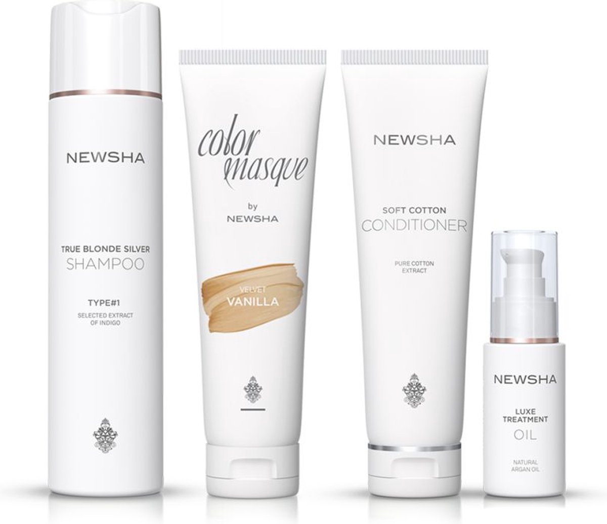 NEWSHA - Beauty Secret Tegen Oranjetinten In Geblondeerd Haar - Set - TRUE BLONDE SILVER SHAMPOO TYPE #1 250ml - SOFT COTTON CONDITIONER 150ml - KLEURMASQUE VELVET VANILLA 150ml - LUXE BEHANDELINGSOLIE 30ml