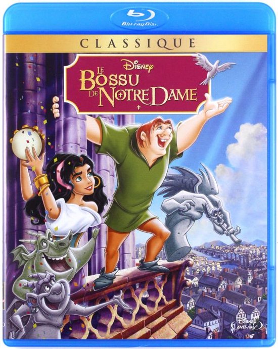 Blu-ray hoes: "Le Bossu de Notre Dame" met Quasimodo, Esmeralda en gargoyles op een balkon.