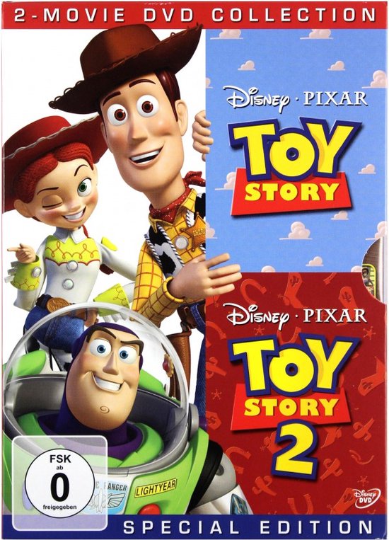 Woody, Jessie et Buzz l'Éclair se tiennent devant les couvertures DVD Toy Story et Toy Story 2 Special Edition.