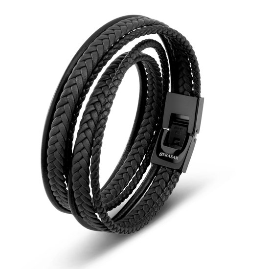 SERASAR Leren Manchetarmband voor Heren [Wrap] - Zwart 34cm - Idee van Huwelijkscadeau