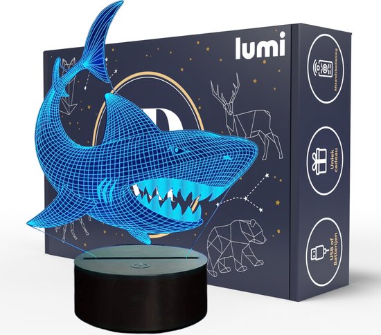 Lampe Lumi 3D - 16 Couleurs - Requin - Animaux - Illusion LED - Lampe de Bureau - Veilleuse - Lampe d'ambiance - Dimmable - USB ou Piles - Télécommande - Cadeau pour Garçons - Enfants