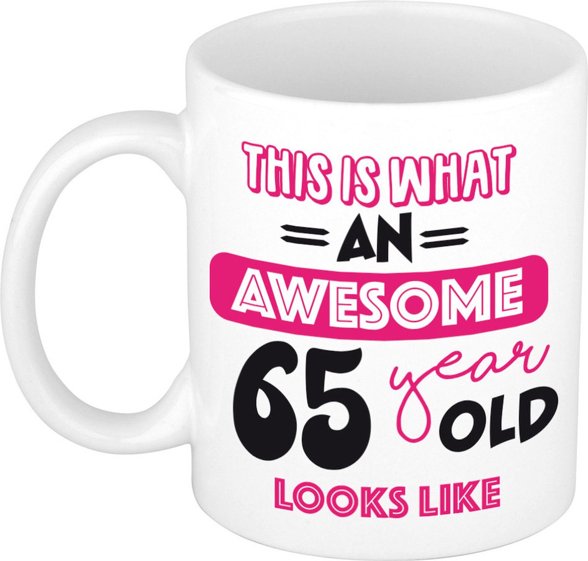 Bellatio Decorations Verjaardag cadeau mok 65 jaar - roze - grappige tekst - 300 ml - keramiek