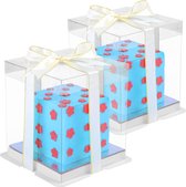 Belle Vous 2 Pack of Clear Plastic Cake Boxes with Boards & Ribbon - 15 x 15 x 18cm/6 x 6 x 7 Inches - Transparent Tall Cake Gift Packaging Carrier Boxes for Birthdays, Weddings & Parties