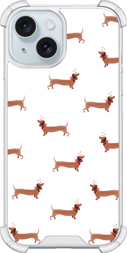 Coque antichoc - Convient pour iPhone 15 - Teckels - Coque Extra résistante - TPU/polycarbonate - Impression / Illustration - Marron, Transparent