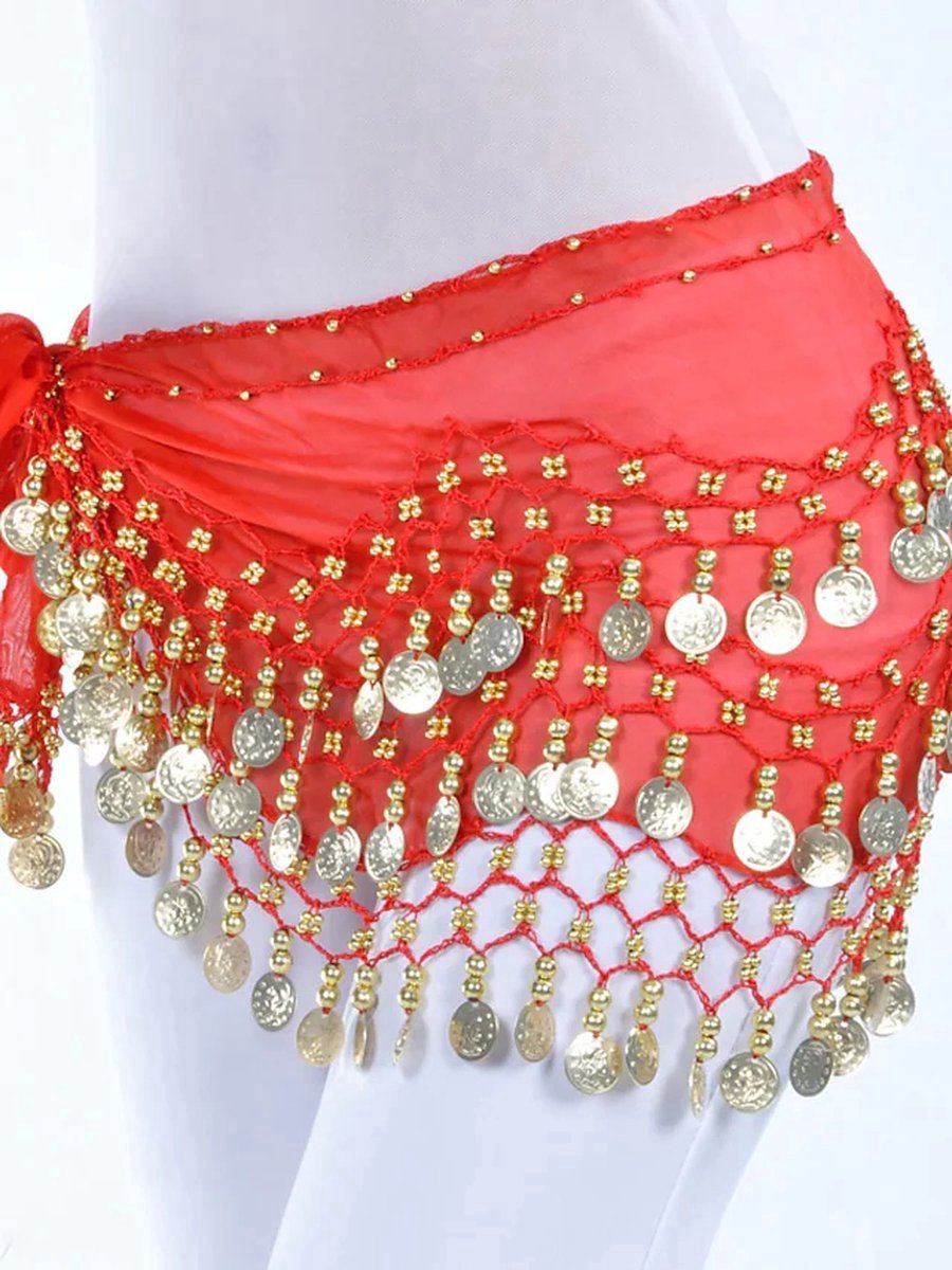 New Age Devi - Rode sjaal met gouden muntjes - voor een chique look!