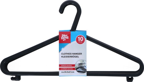 Zwarte kledinghanger van Dirt Devil met 2 bandhaken en de tekst '10 PCS'.