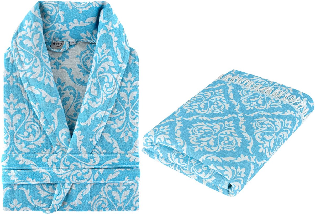 Trimita Barok - Badjas en Hamamdoek Set - 100% Turks Katoen - Heerlijk Zacht, Licht en Handgemaakt - Perfect voor Thuis, Sauna of Spa - Maat S/M - Blauw