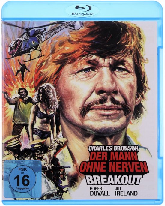Blu-ray hoes met Charles Bronson in close-up. Links een helikopter en vechtende mensen. Titel: Der Mann Ohne Nerven Breakout.