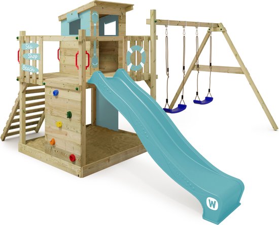 WICKEY speeltoestel klimtoestel Smart Camp met schommel &pastelblauwe glijbaan, outdoor klimtoren voor kinderen met zandbak, ladder & speelaccessoires voor de tuin