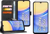 Hoesje geschikt voor Samsung Galaxy A15 - Screenprotector Glas - Portemonnee Book Case Zwart