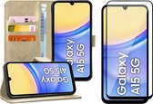 Hoesje geschikt voor Samsung Galaxy A15 - Screenprotector Volledig Dekkend Glas - Portemonnee Book Case Goud