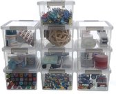 Set van 10 opbergdozen van 1,25 liter, met deksel, klein, stapelbaar, transparante handgreep, clips, kleine onderdelen, kist, elastisch, robuuste plastic dozen voor Lego en knutselspullen,